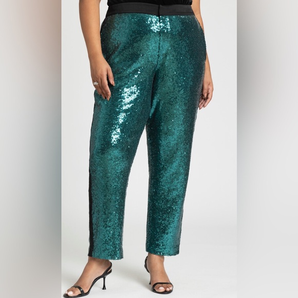 Eloquii High Rise Tapered Sequin Pants Verdant Green Cocktail Party - Picture 1 of 4